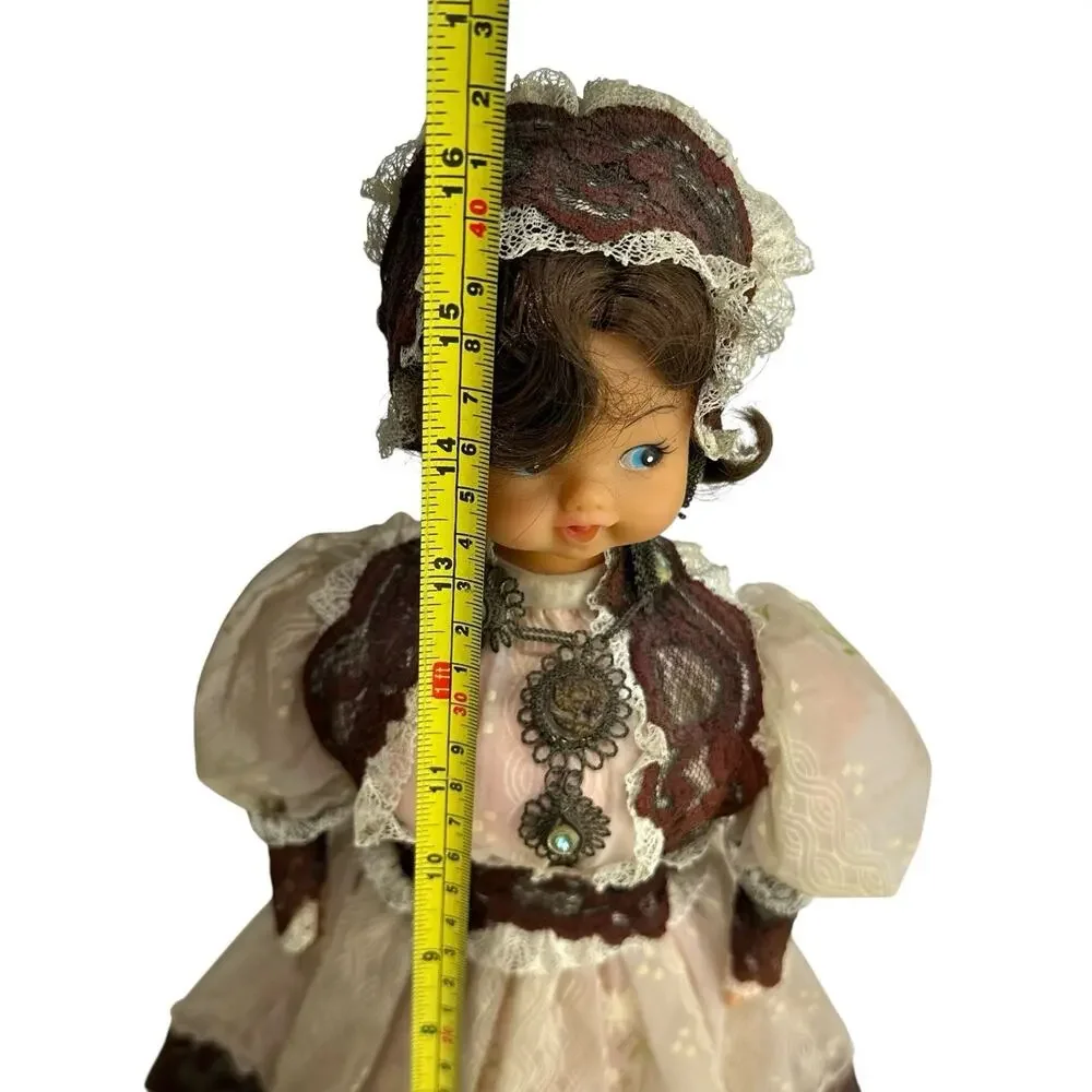 Vintage Victorian Style Souvenir Doll Lace Dress Metal Hoop Skirt 16”